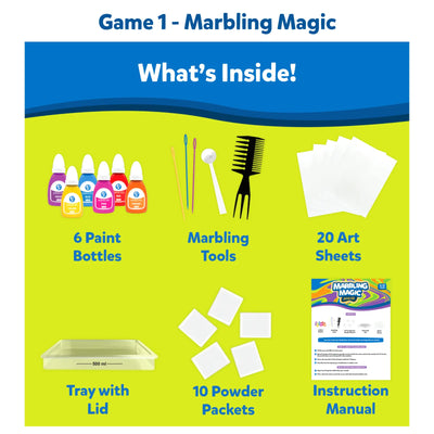 Artsy Explorers Bundle for ages 4-12 with marbling paints, tools, sheets, powder, tray, and manual