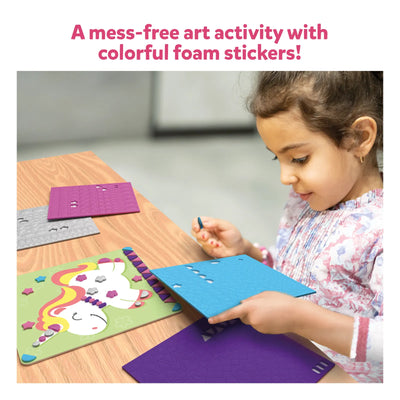 Young girl creating colorful foam sticker art with Fun with Foam Mega Combo for kids