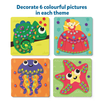 Colorful foam craft stickers of a Chameleon Princess Jellyfish and Starfish for kids ages 3-7