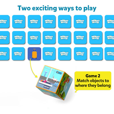 Interactive memory game with a cube of locations and matching object cards for kids