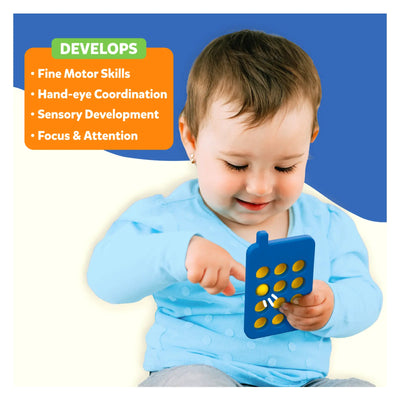 Baby-friendly blue and yellow Pop-It toy shaped like a mobile phone for sensory development