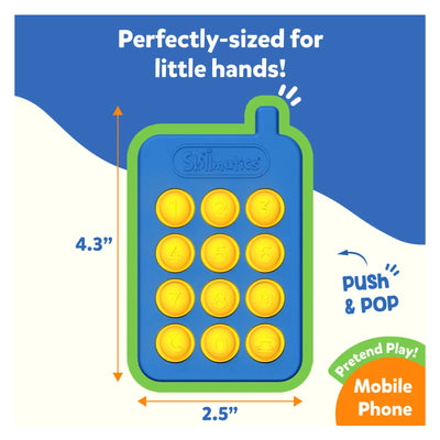 Blue and green mobile phone-shaped fidget toy with yellow push-and-pop buttons for toddlers