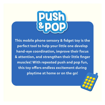 Blue and yellow Push & Pop mobile phone sensory fidget toy for developing coordination