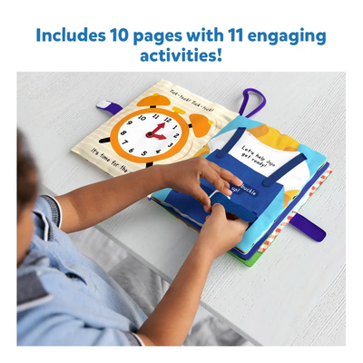 Soft activity book for infants with a clock face and buckling overalls in Infant Essentials Combo