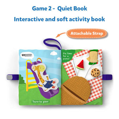 Interactive soft activity book with attachable strap from Stories & Sensory Fun Bundle for ages 6-24 months