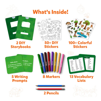 Children’s storybook creation kit with books, stickers, markers, pencils, and prompts