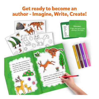 Children’s creative writing kit with animal and nature stickers, story prompts, and colorful pens