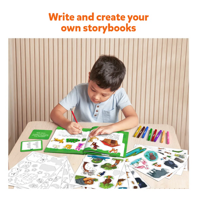 Child’s storytelling kit with book stickers and markers for personalized Animal Adventures storybooks