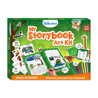 Children’s storybook art kit for ages 5-10 with animal adventures, stickers, markers, and storybooks
