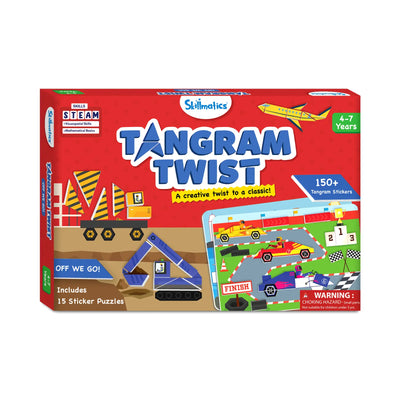 Red Skillmatics Tangram Twist puzzle box for ages 4-7 with construction vehicles and race cars