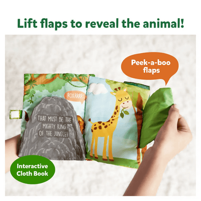 Interactive cloth book with peek-a-boo flaps featuring Giraffe and jungle animals for babies