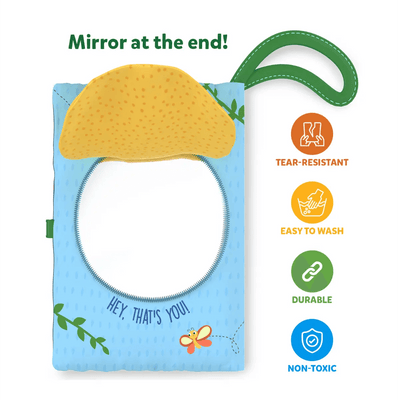 Soft blue fabric baby book with mirror and yellow textured top, durable and non-toxic