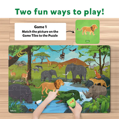 Wildlife Wonders Puzzle Bundle featuring safari animals and matching game tiles for kids