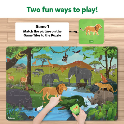 Children’s jungle scene puzzle with animal-matching game tiles from Piece & Play Amazing Animals