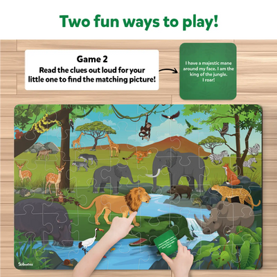Children’s jungle animal puzzle with a game card and clue from Piece & Play Amazing Animals