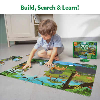 Child assembling colorful animal-themed jigsaw puzzle on the floor with Piece & Play Amazing Animals