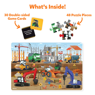 Children’s educational puzzle and game card set with construction vehicles for ages 3-7