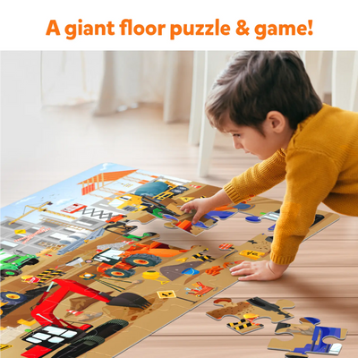 Colorful construction site floor puzzle with vehicles and equipment for kids ages 3-7