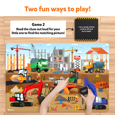 Construction site-themed educational puzzle set with game instructions and clue cards for kids