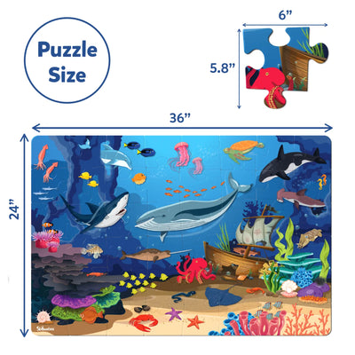 Underwater-themed Wildlife Wonders Puzzle Bundle for ages 3-7 with sample piece and dimensions