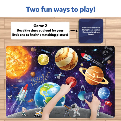 Children’s space-themed puzzle with game instructions and clue cards from Piece & Play Up In Space