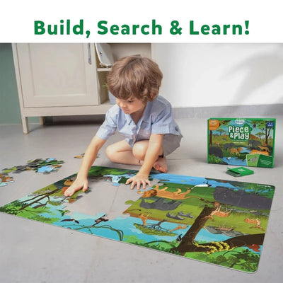 Child assembling a vibrant animal habitat floor puzzle from Piece & Play Pack of 3