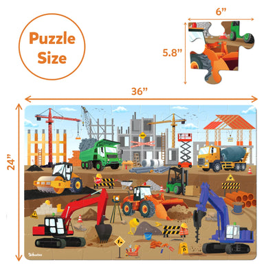 Construction site-themed jigsaw puzzle with individual pieces and overall dimensions for kids