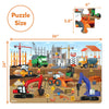 Construction site-themed jigsaw puzzle with individual pieces and overall dimensions for kids