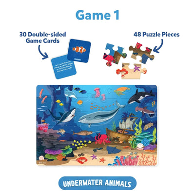 Children’s game set with Underwater Animals puzzle and double-sided game cards