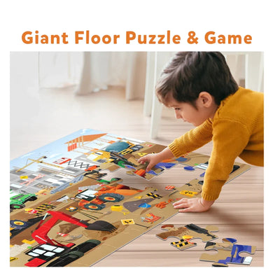 Colorful construction site floor puzzle with vehicles for ages 3-7 from Piece & Play