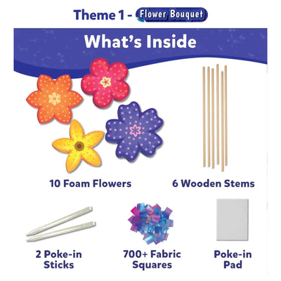 DIY Delights Poke-in-Art Combo crafting kit with foam flowers, wooden stems, and fabric squares