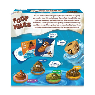 Children’s Poop Wars board game with character pawns and game cards for ages 6+
