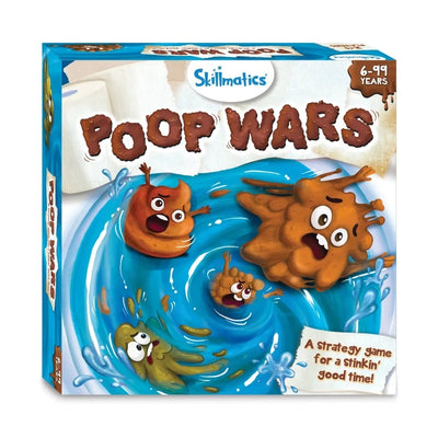 Poop Wars board game box with cartoon fecal characters in a swirling toilet