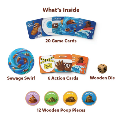 Components of a children’s board game for Poop Wars Card Game showing game pieces and cards