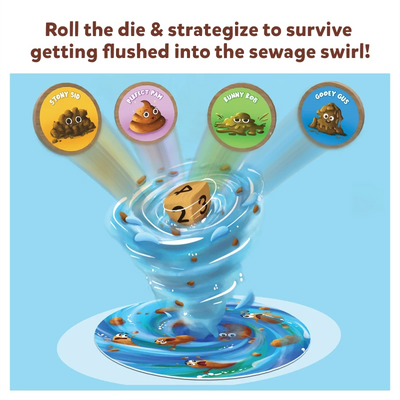 Poop Wars Card Game featuring dice, swirling vortex, and feces-shaped character tokens
