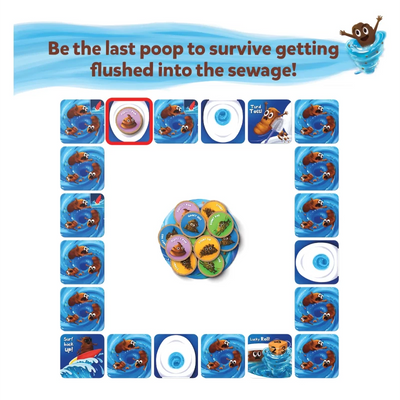 Board game featuring poop characters competing to avoid being flushed in Poop Wars Card Game