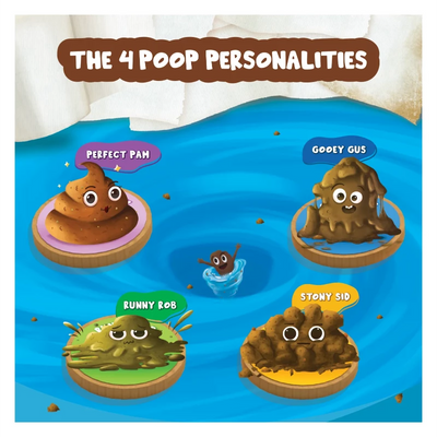 Illustrated guide to four poop personalities from Poop Wars Card Game for ages 6+