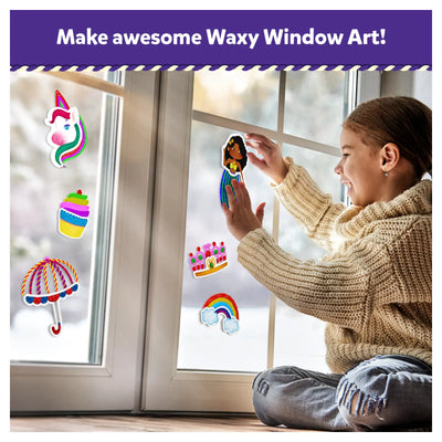 Young girl creating colorful window art decorations with Waxy Window Art for kids