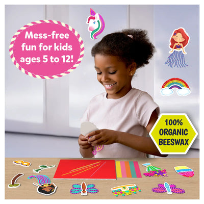 Smiling child creating colorful beeswax craft art with strings for ages 5-12