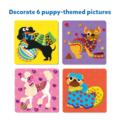 Craft kit for decorating six puppy-themed pictures with foam stickers for kids ages 3-7