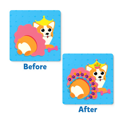 Two-part craft kit featuring a cartoon Corgi with decorated pink tail for Kids Ages 3-7