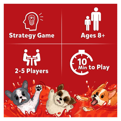 Pups in a Soup board game box cover with cartoon dogs in liquid, game details, and age info