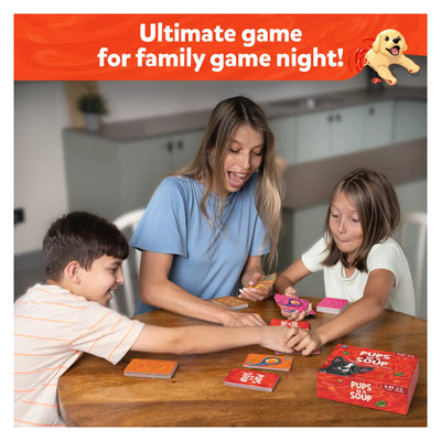 Family playing Pups in a Soup fast-paced card game for ages 8 and up