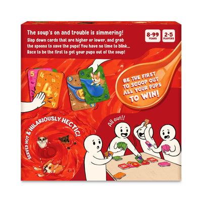 Board game box with red background, cards, cartoon players, and puppies in a soup bowl