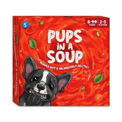 Pups in a Soup board game box with cartoon dog and soup background for Pups in a Soup game