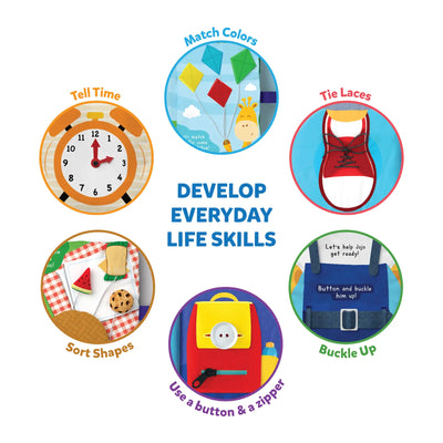 Colorful Stack and Read Combo activity board with six interactive elements for kids