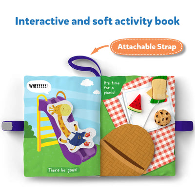 Open colorful soft activity book for children with attachable strap from Colourful Stack and Read Combo