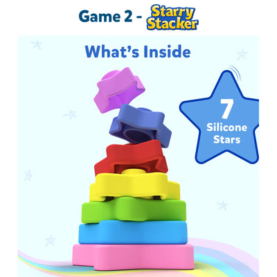 Colorful star-shaped silicone toy pieces stacked in the Colourful Stack and Read Combo for ages 6 months to 4 years