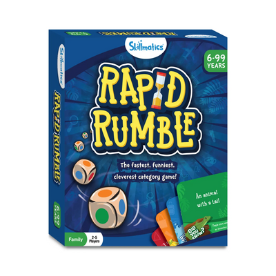 Blue Rapid Rumble board game box for ages 6 to 99 for 2-5 players