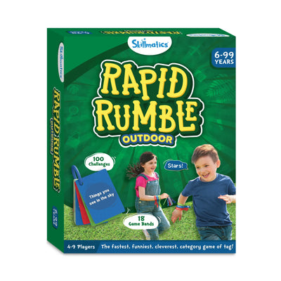 Green Rapid Rumble Outdoor game box with children playing and game components